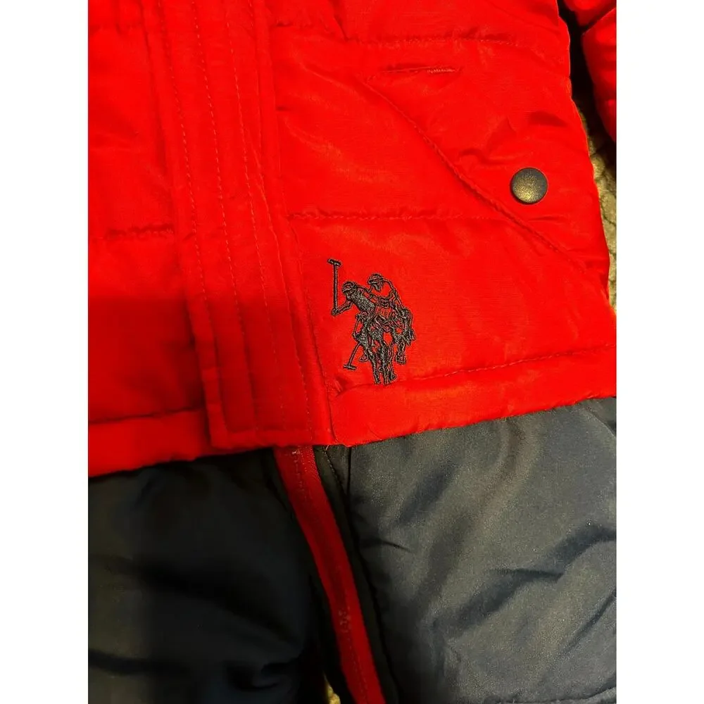 US Polo Assn. Puffer Snowsuit Baby Kids 12M Navy Red Fleece Lined Hooded Zip-Up